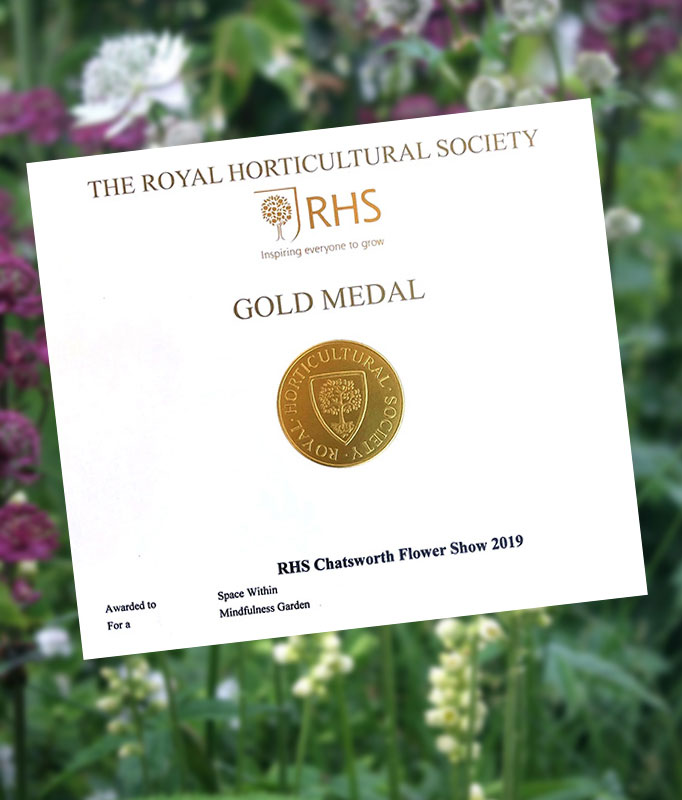 Rae WIlkinson's Gold Medal for her Mindfulness Garden at RHS Chatsworth.