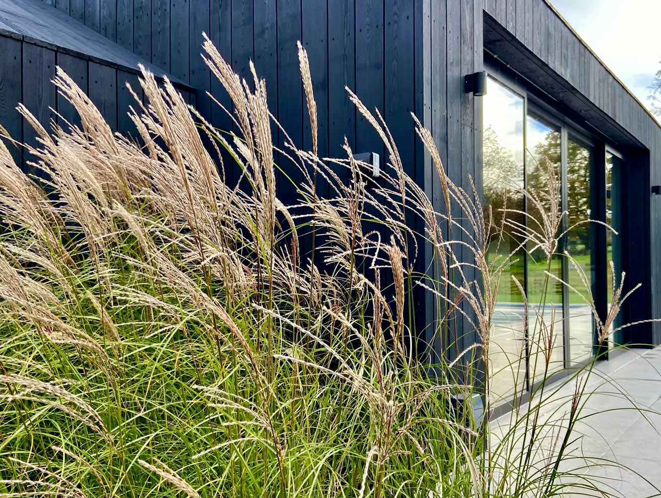 Black barn with large bifold glazed doors, decking and grasses. Rae Wilkinson Garden and Landscape Designer Surrey, Sussex, Hampshire, London, South-East England